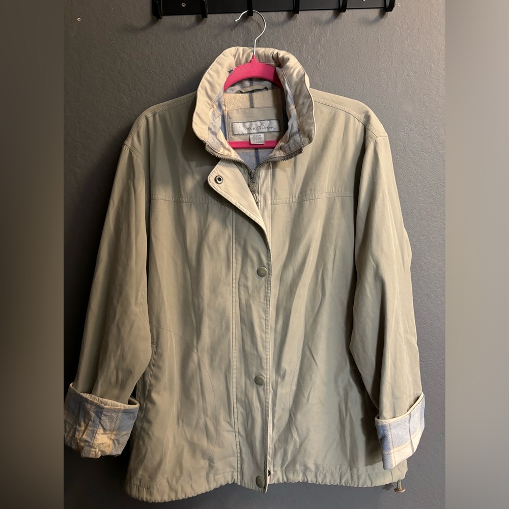 1 Madison Medium weight zip up coat with collar and hood. Plaid lining. Size med